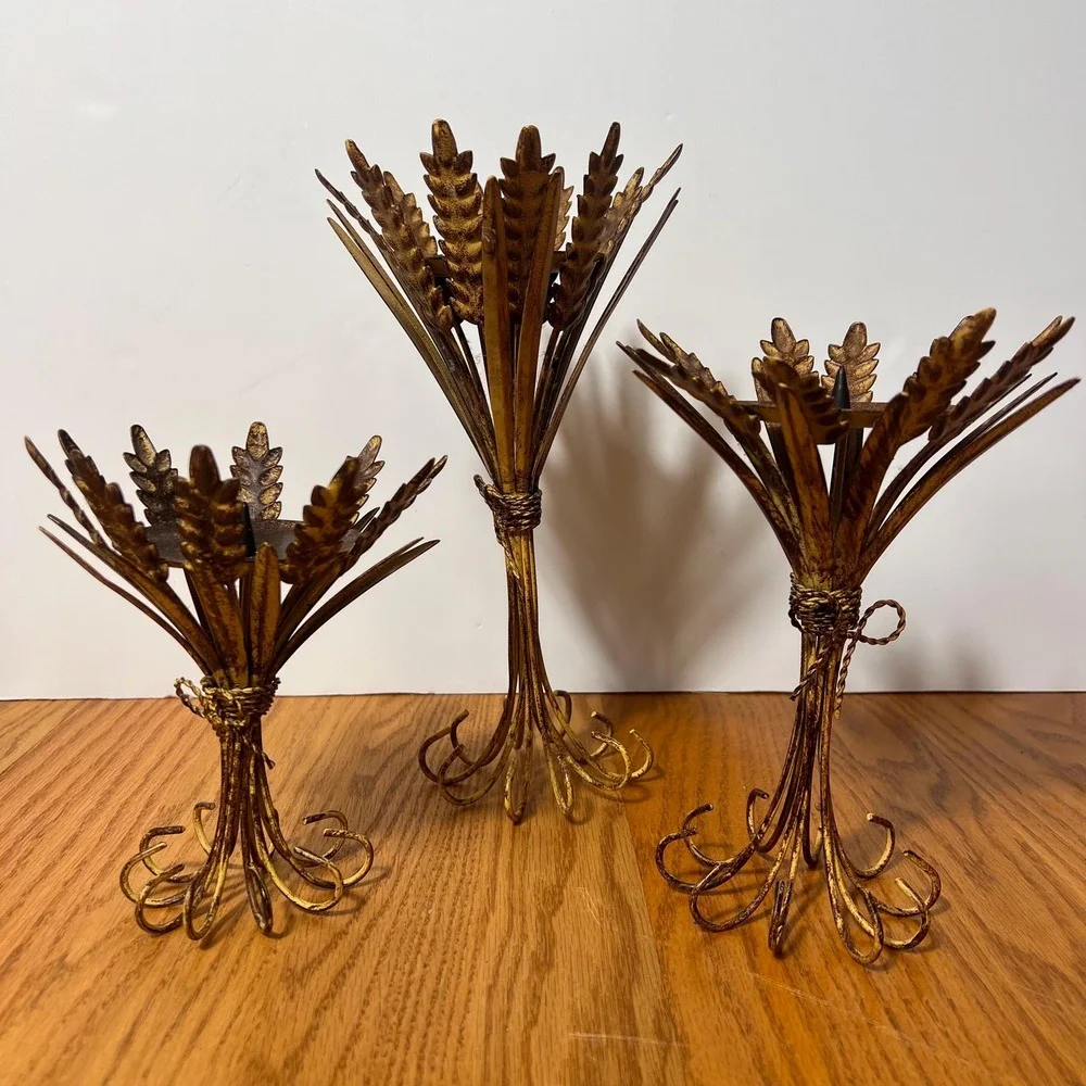 Vintage Wheat Sheaf Candle Holders Set of 3 Gold Metal Tole Hollywood Regency